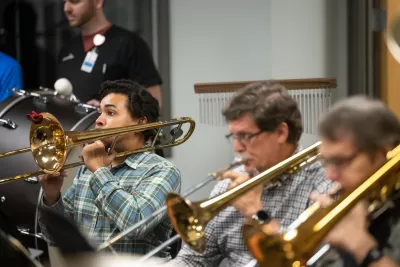 The AdventHealth employee orchestra rehearses.