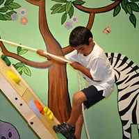 a boy climbing a rope