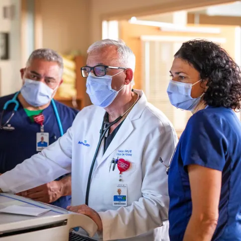 A doctor and his nurse assistants on a computer