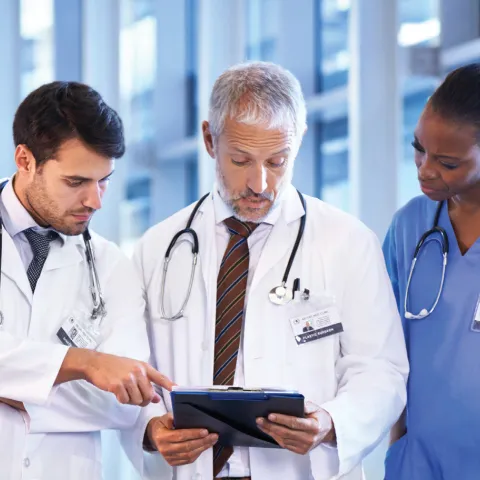Physicians looking at medical documents