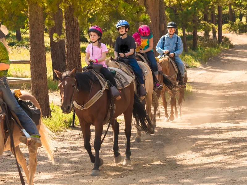 Children riding horses down dirt road
