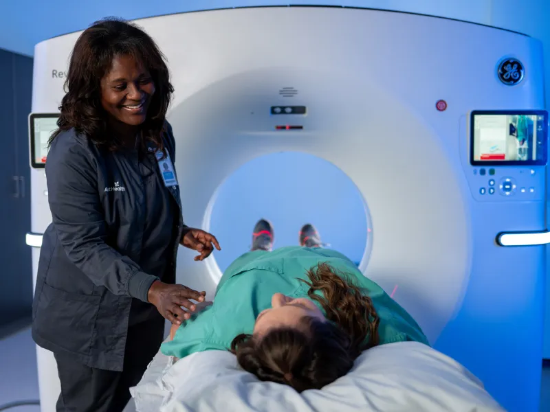 Woman about to get a CT scan.