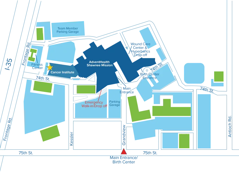 Access the Cancer Institute from 74th St, just off east Frontage Road.