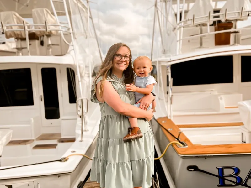 Morgan and her Sweet Baby Boy on a Boat Dock.