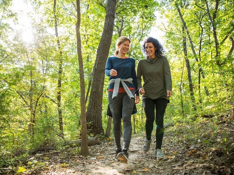 Two friends hiking in the mountain during the morning.