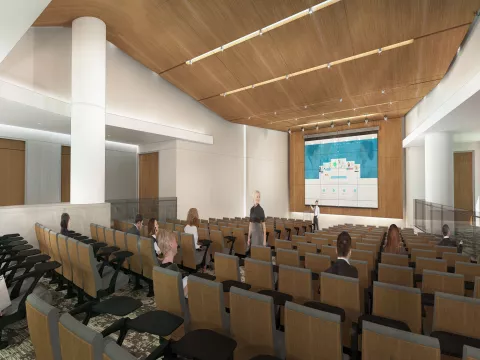 A 3-D render of the auditorium at the Taneja Center