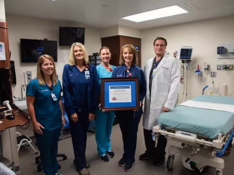 Members of the team who coordinated the GED included (left to right) Sarah Hardaker, manager of physical therapy, Meredith Qualley, emergency department manager, Helen Fishburn, registered dietician, Cindy Hoggard, director of emergency services and David Saunders, MD.