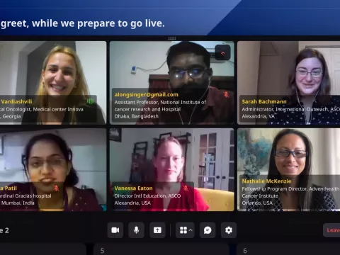 Dr. McKenzie (bottom right) on a zoom meeting speed mentoring internationally through her affiliation with the American Society of Clinical Oncology.