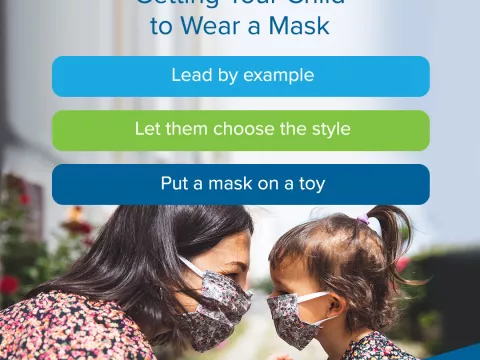 Social Media Graphic Available for Download of Mother and Daughter and tips for getting children to wear masks
