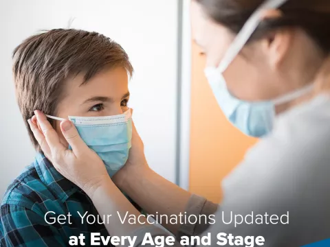 Social Media Graphic Available for Download of Mother and Son reminding about vaccines for back to school time