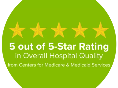 A logo of AdventHealth's CMS 5-star achievement in Overall Hospital Quality