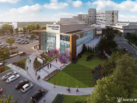 Rendering of new AdventHealth Cancer Center Shawnee Mission with hospital in background