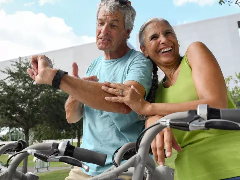 Senior couple on a bike ride.