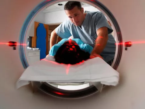 A patient receives compassionate care during an imaging test at AdventHealth.