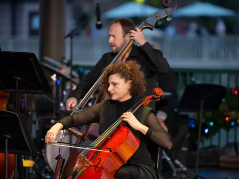 The AdventHealth employee orchestra performs at Disney Springs.