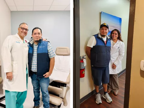 Colorectal cancer patient Alfredo Altamirano with Dr. Norbert Garcia-Henriquez and Dr. Sarah George.