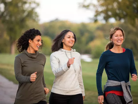 Three friends going for a walk in the park.