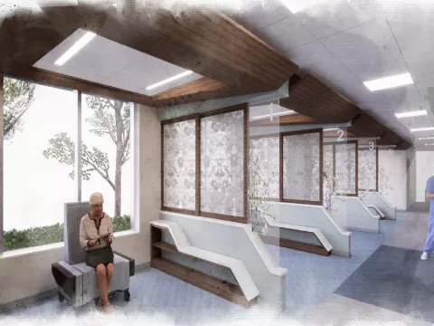 The cancer center will feature an expanded number of clinic rooms and a fifty percent increase in the number of private infusion bays to accommodate more patients. 