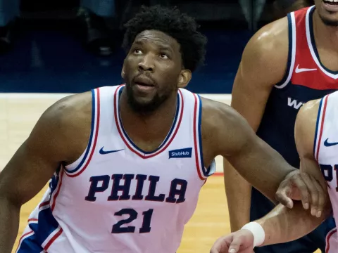 Philadelphia 76ers basketball player Joel Embiid on the court