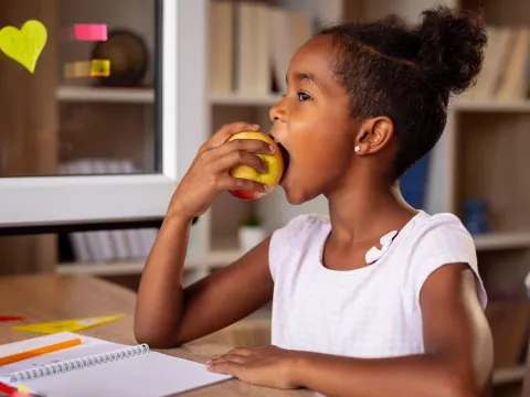 A little girl eats an apple for her healthy snack.