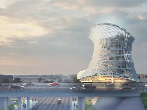 A faraway view of the Pulse Memorial at night