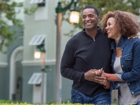 couple laghing outdoors