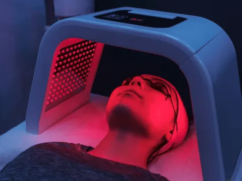 A person lying on their back, receiving red light therapy.