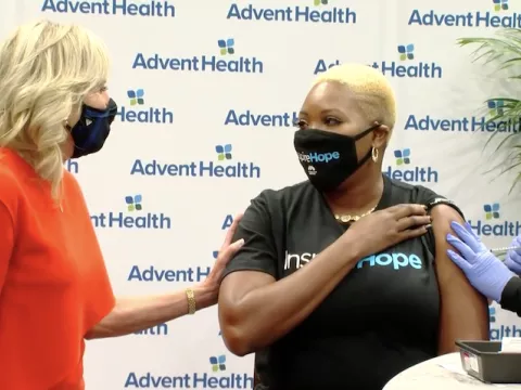 First lady Jill Biden and Dr. Anthony Fauci visited the Shots on Ice vaccination event hosted by AdventHealth and the Tampa Bay Lightning at the Amalie Arena in Tampa.