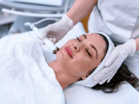A woman lying on her back with her eyes closed, receiving laser treatment.