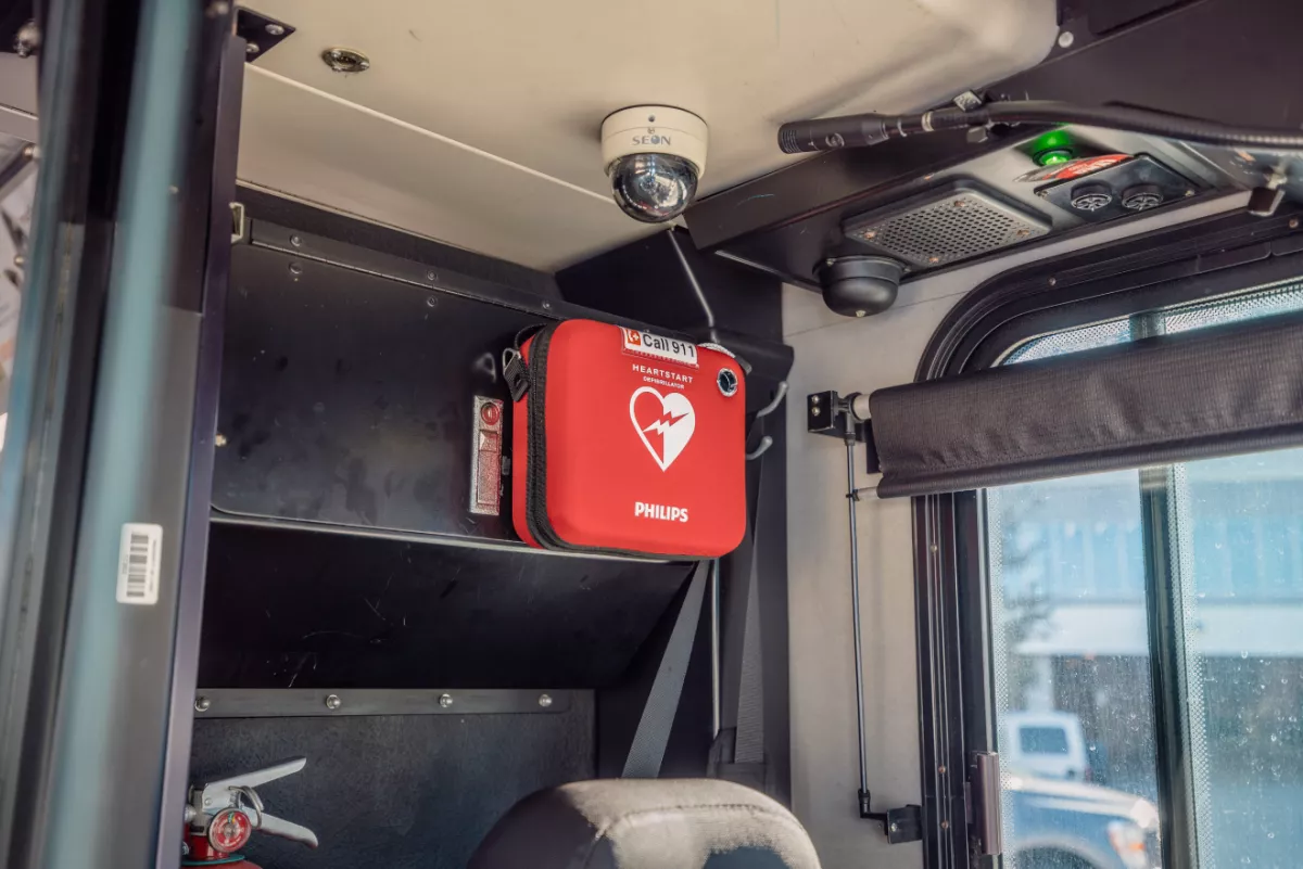 An AED placed inside a LYNX LYMMO bus.