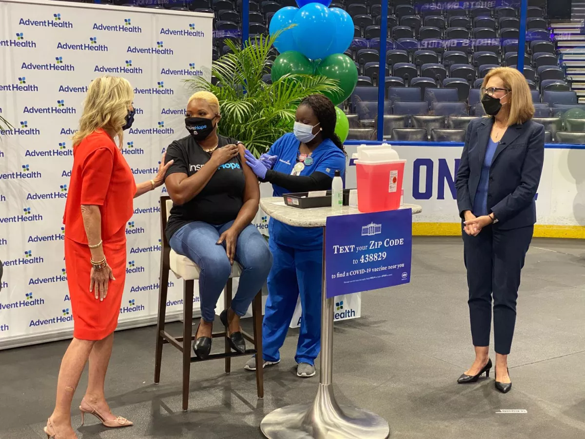 First lady Jill Biden and Dr. Anthony Fauci visited the Shots on Ice vaccination event hosted by AdventHealth and the Tampa Bay Lightning at the Amalie Arena in Tampa.