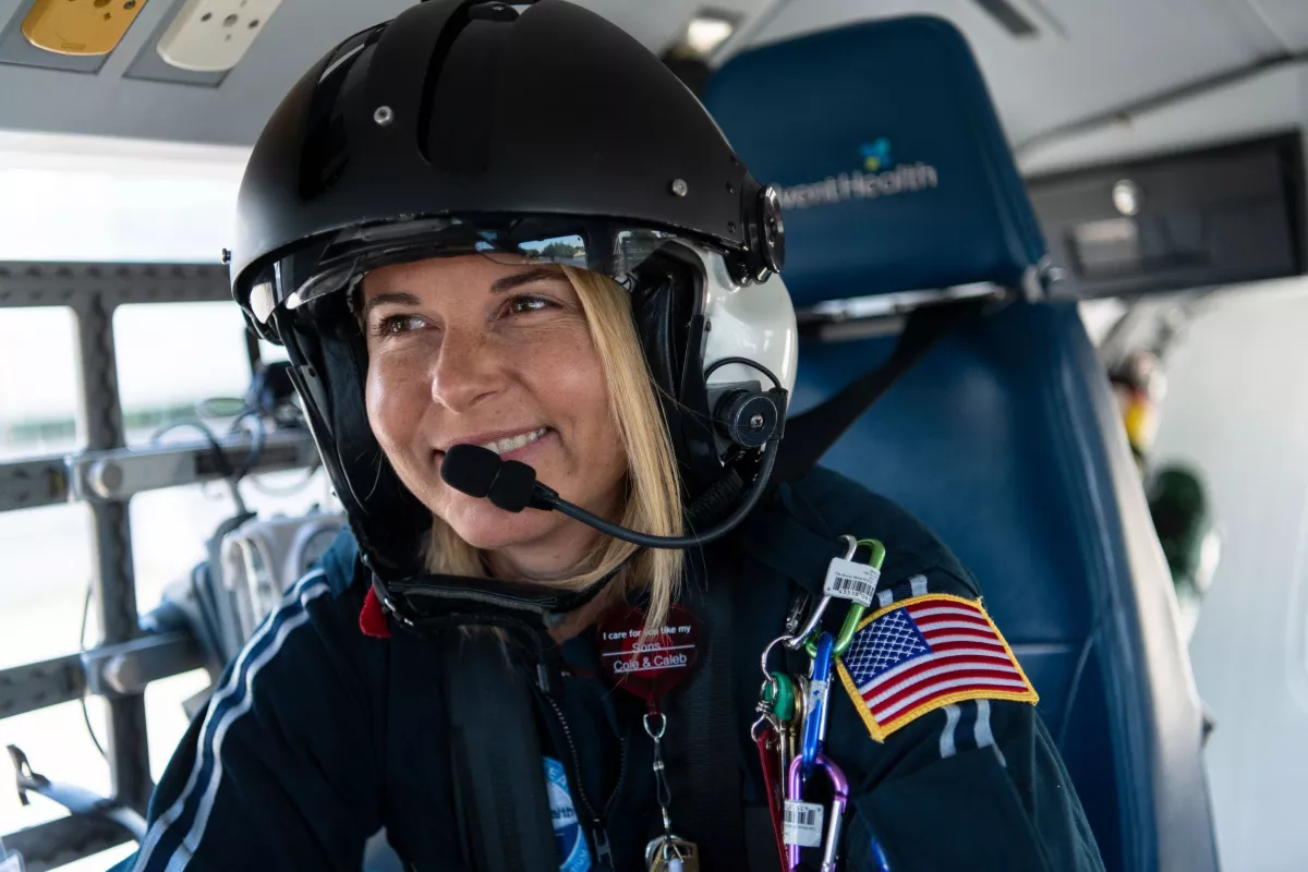 9.	Flight nurse Skye Vriesenga, RN, smiles at the end of another successful Flight 1 patient transport assignment.