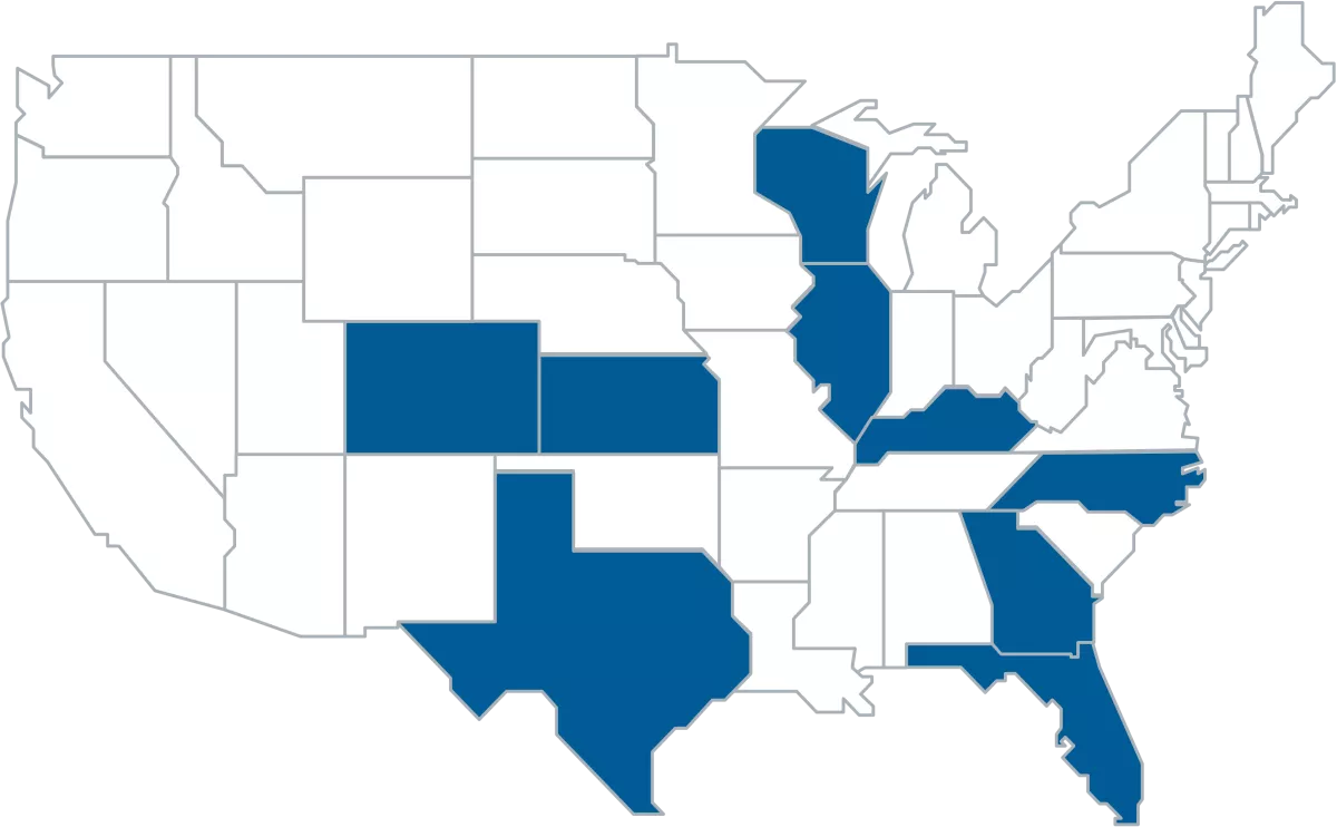 A map of the United States, highlighting the states in which AdventHealth operates. 