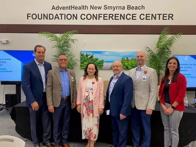  AdventHealth New Smyrna Beach recently held the annual State of the Hospital event, highlighting the hospital's medical advancements and community impact. From left to right:  David Goldman, DO, chief medical officer; Dennis Hernandez, MD, chief executive officer; Khelsea Bauer, chief operating officer; Kenneth zill, chief financial officer; Travis Williams, director, Human Resources; and Carla Johnson, MSN, RN, executive director of Nursing and Clinical Operations.