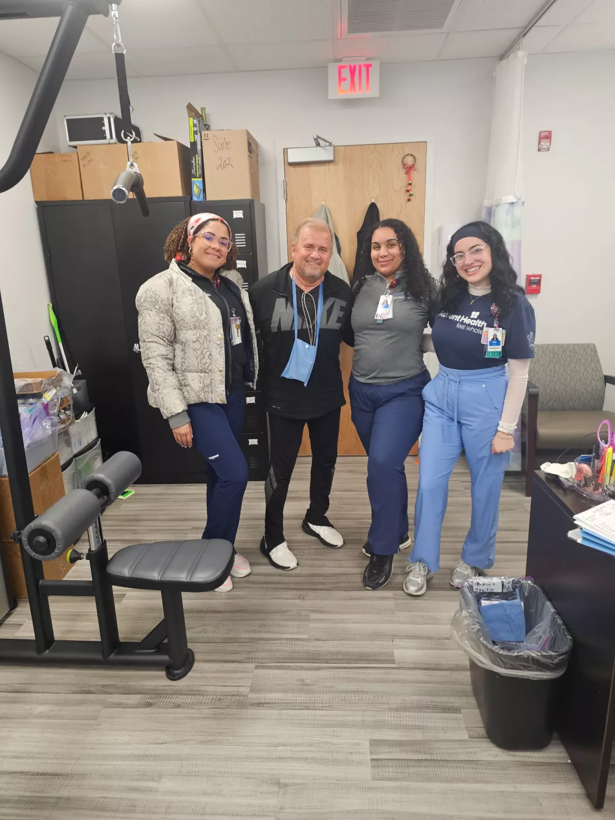 James Harshbarger credits the Cardiac rehab team at AdventHealth Heart of Florida for helping him in his recovery following a third heart attack. Photo of James with three members of cardiac rehab team. (From L-R) Joyness Rodriguez, James Harshbarger, Janel Santana, Paige Gilchrist (photo courtesy: James Harshbarger)