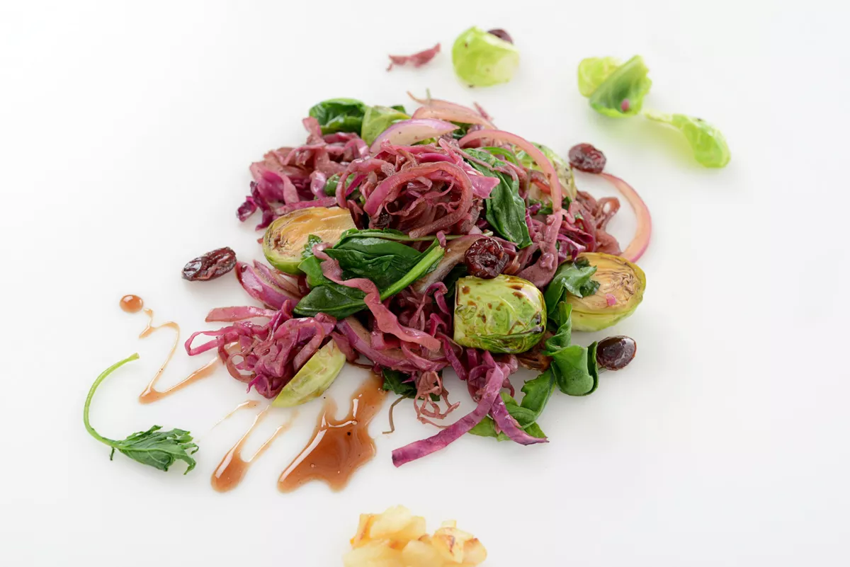 Slow Roasted Brussels Sprouts with Sautéed Cabbage, Spinach and Chard