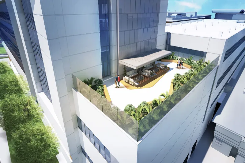 The exterior roof terrace of The Taneja Center